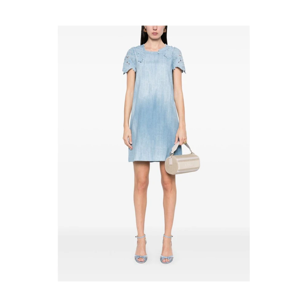 Ermanno Scervino Blauwe Bloemen Kant Korte Mouw Jurk Blue Dames