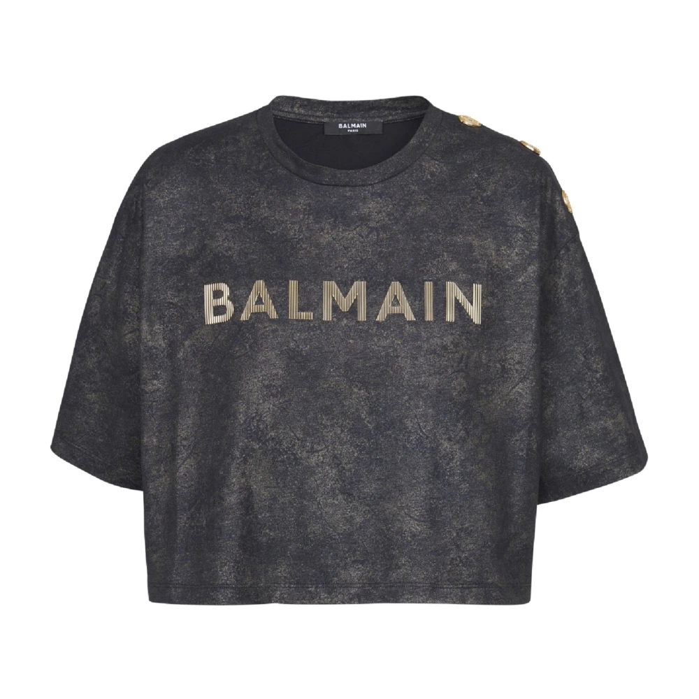 Balmain Kort ekologiskt ansvarsfull bomullst-shirt med texturerat logotryck Black, Dam