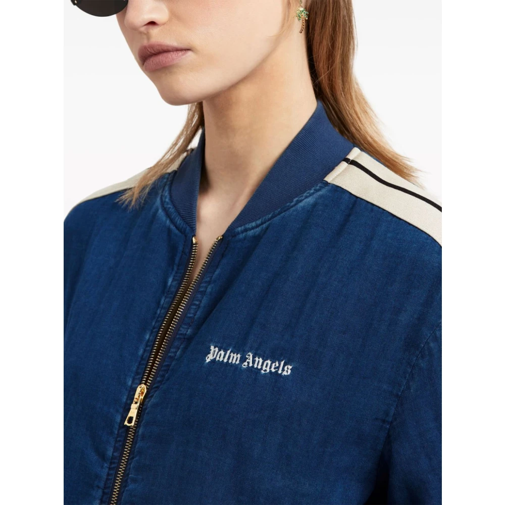 Palm Angels Blauwe Chambray Bomberjack Blue Dames