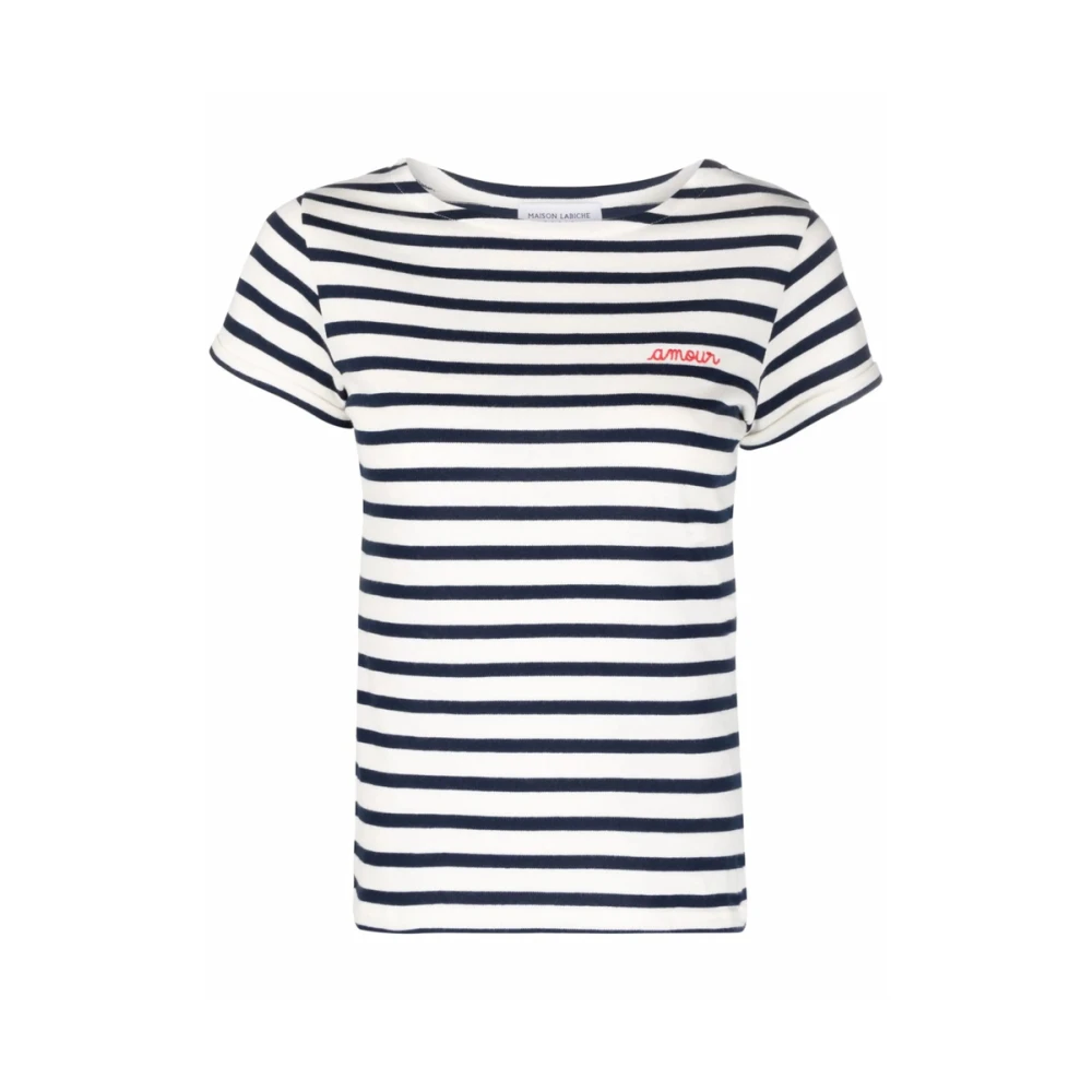Maison Labiche Gestreept Geborduurd Slogan T-shirt White Dames