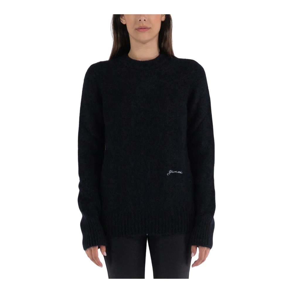 Ganni Geborsteld Alpaca O-Neck Trui Black Dames