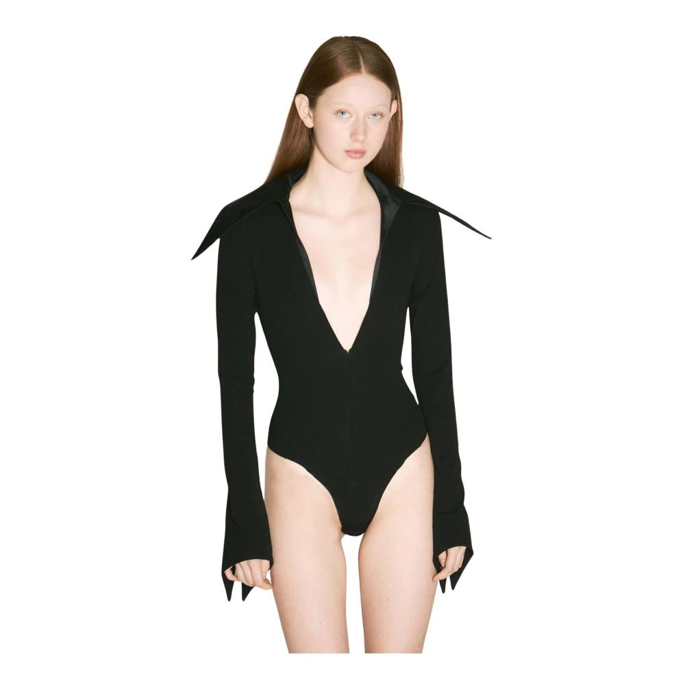 Mugler Satin Kraag Bodysuit Black Dames