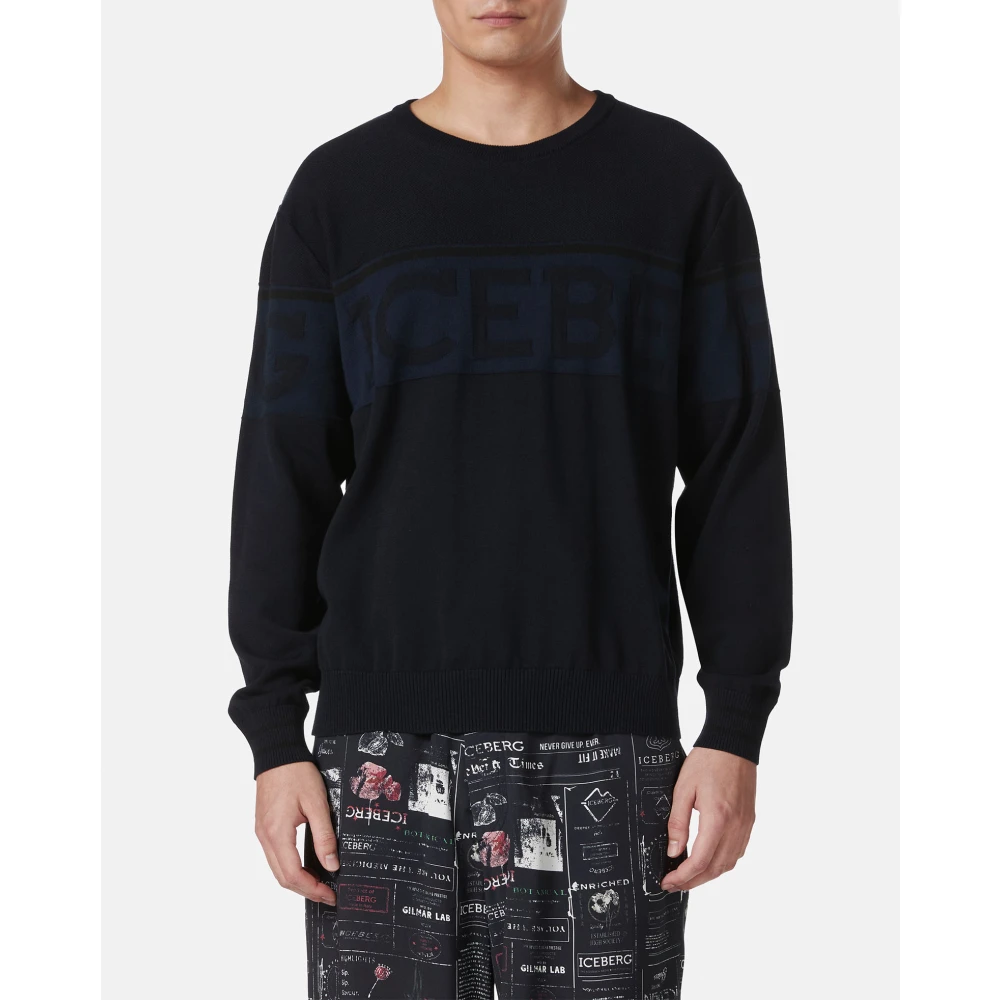 Iceberg Blauwe crewneck sweater in Mak� katoen met tweekleurig jacquardwerk Blue Heren