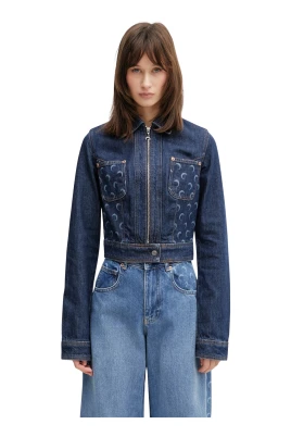 Cropped jeansjacka med måntryck