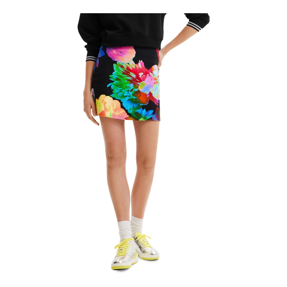 Falda de Algod n Negra con Estampado Floral Desigual Faldas Cortas