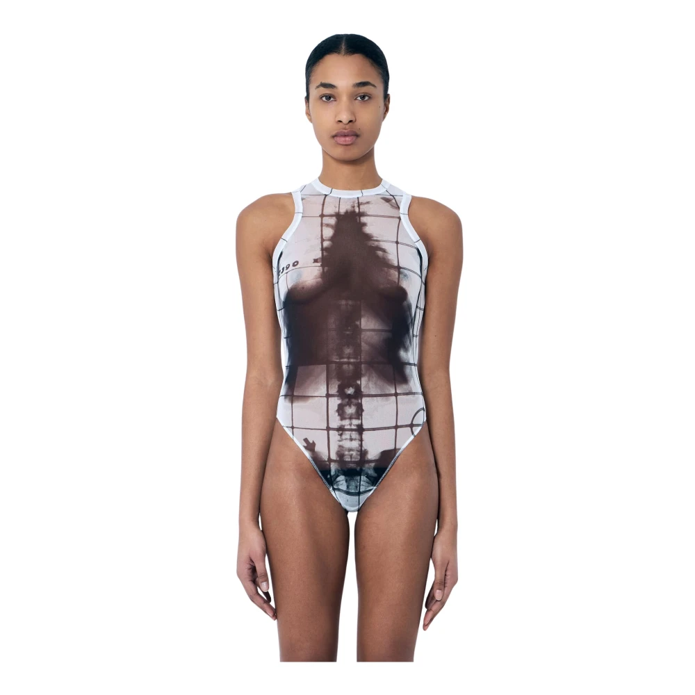 Jean Paul Gaultier Squeletor Mesh Bodysuit Crewneck Print Italië White Dames