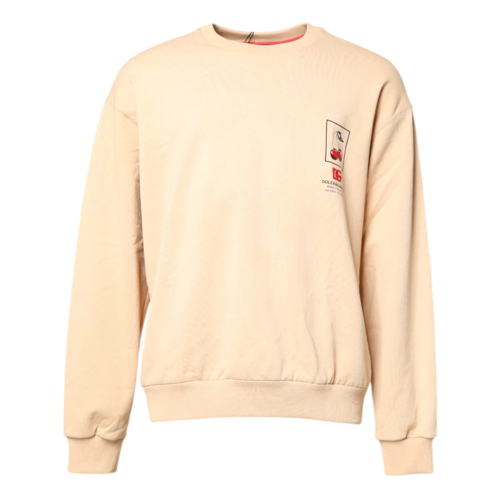 Dolce & Gabbana Men's Beige Sweatshirts, 2XL, Cherry Print Crew Neck Jumper