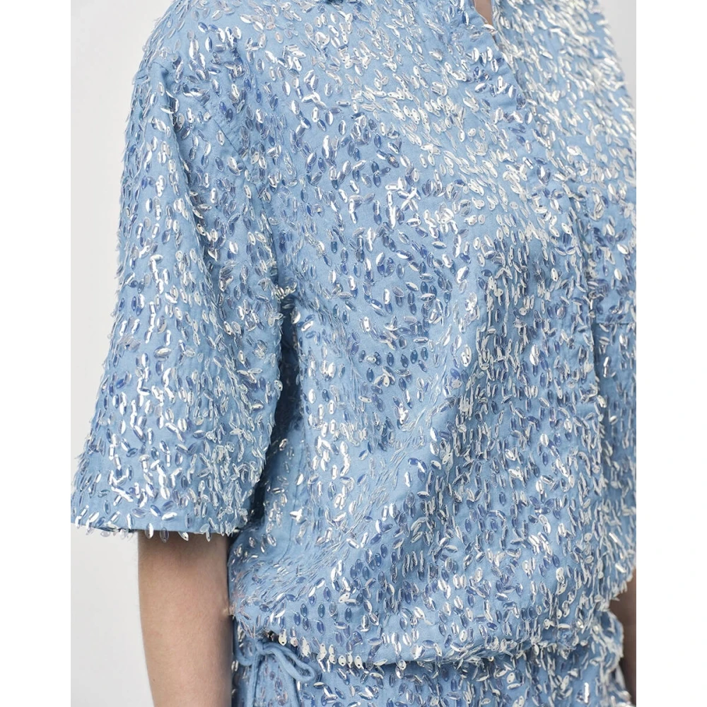 Dante 6 Bardot Pailletten Geknipte Denim Shirt Blue Dames