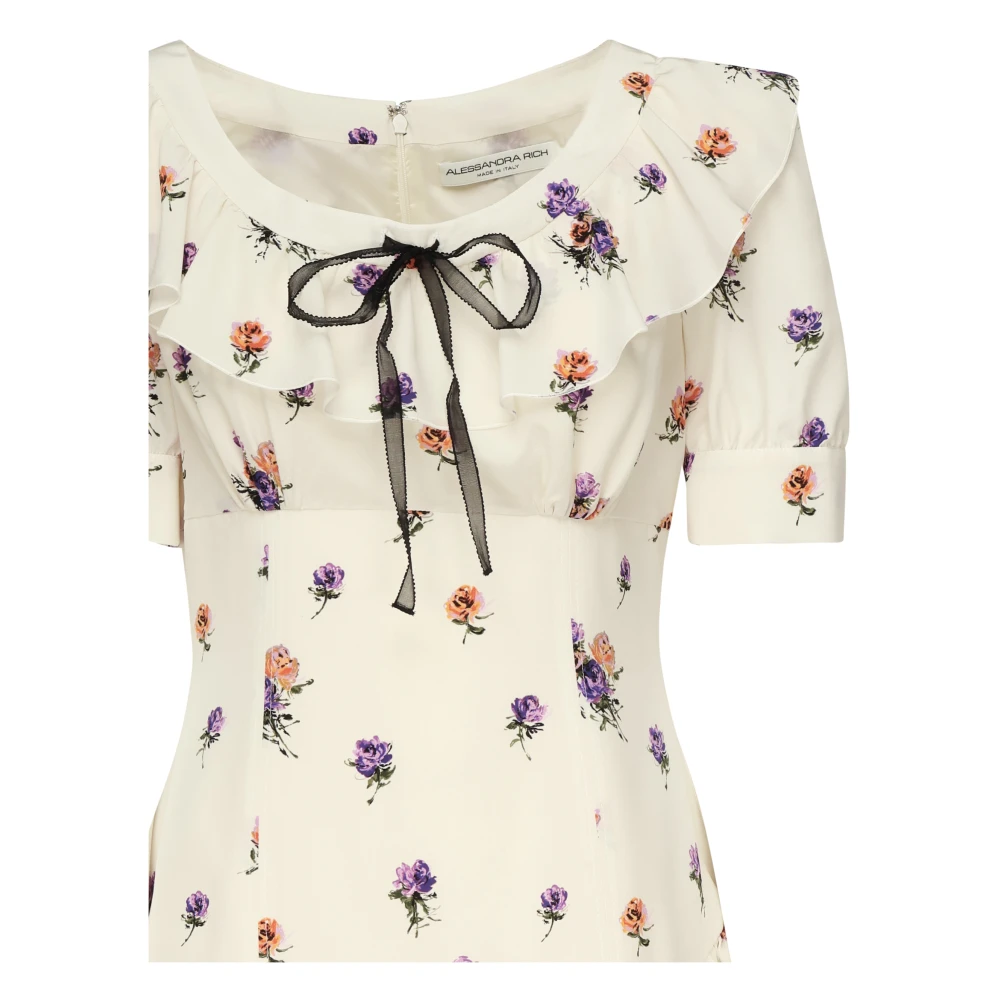Alessandra Rich Witte Zijden Mini Jurk met Rozenprint Multicolor Dames