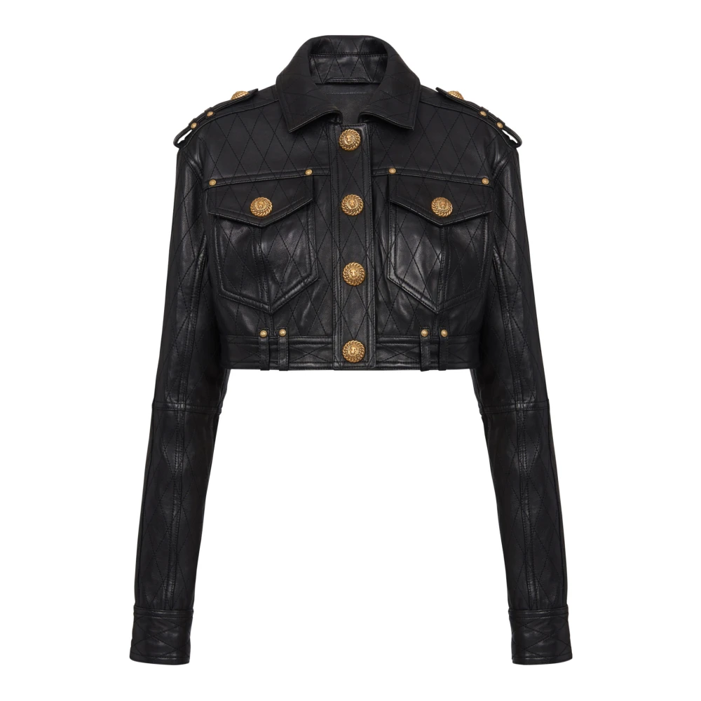 Balmain Topgestikte cropped leren jas Black Dames