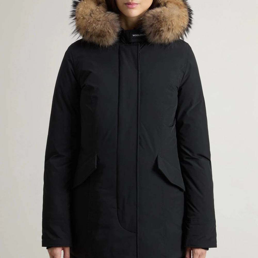 Woolrich Zwarte technische stof parka met bont Black Dames