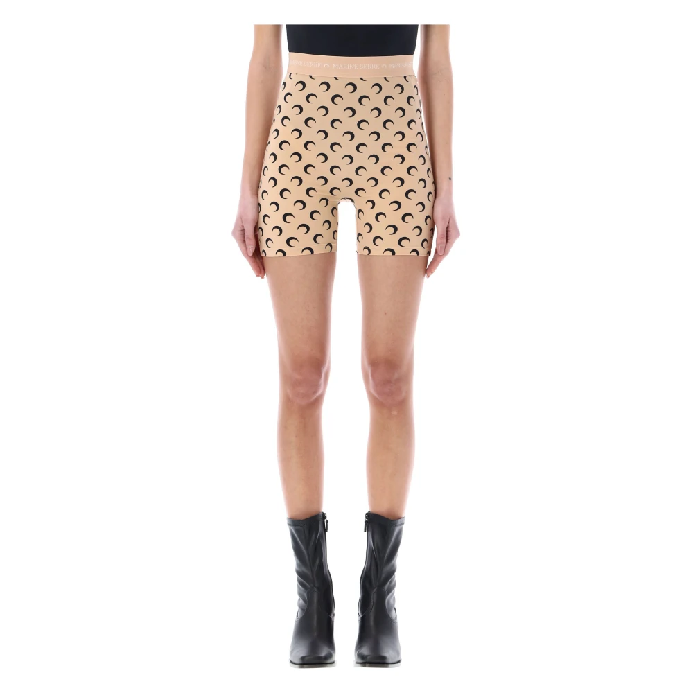 Marine Serre Women's Multicolor Short Shorts, S, Moon Yoga Shorts Tan High Waist