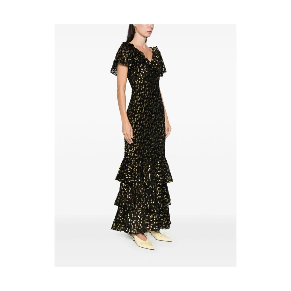 Rixo Polka Dot V-hals Ruffle Jurk Black Dames