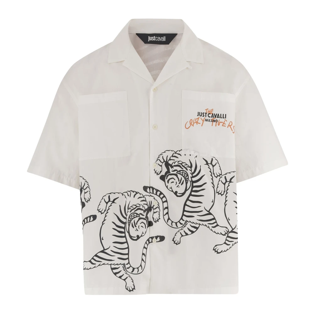 Just Cavalli White Short Sleeve Shirts, Male, 2XL, Cotton Shirt With Tiger Print And Logo
