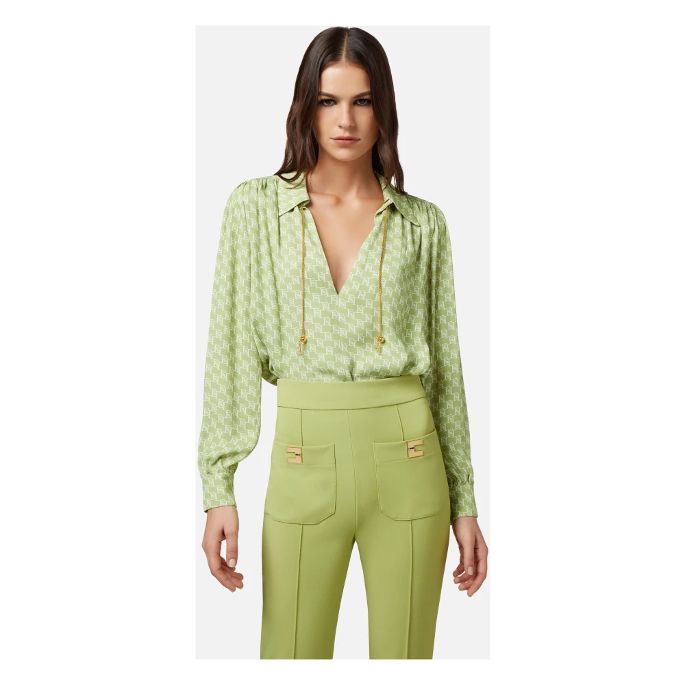 Elisabetta Franchi Langarmshirt met V-hals en logo print Green Dames