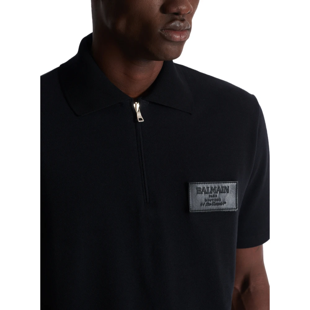 Balmain Katoenen poloshirt met leren Couture-label Black Heren