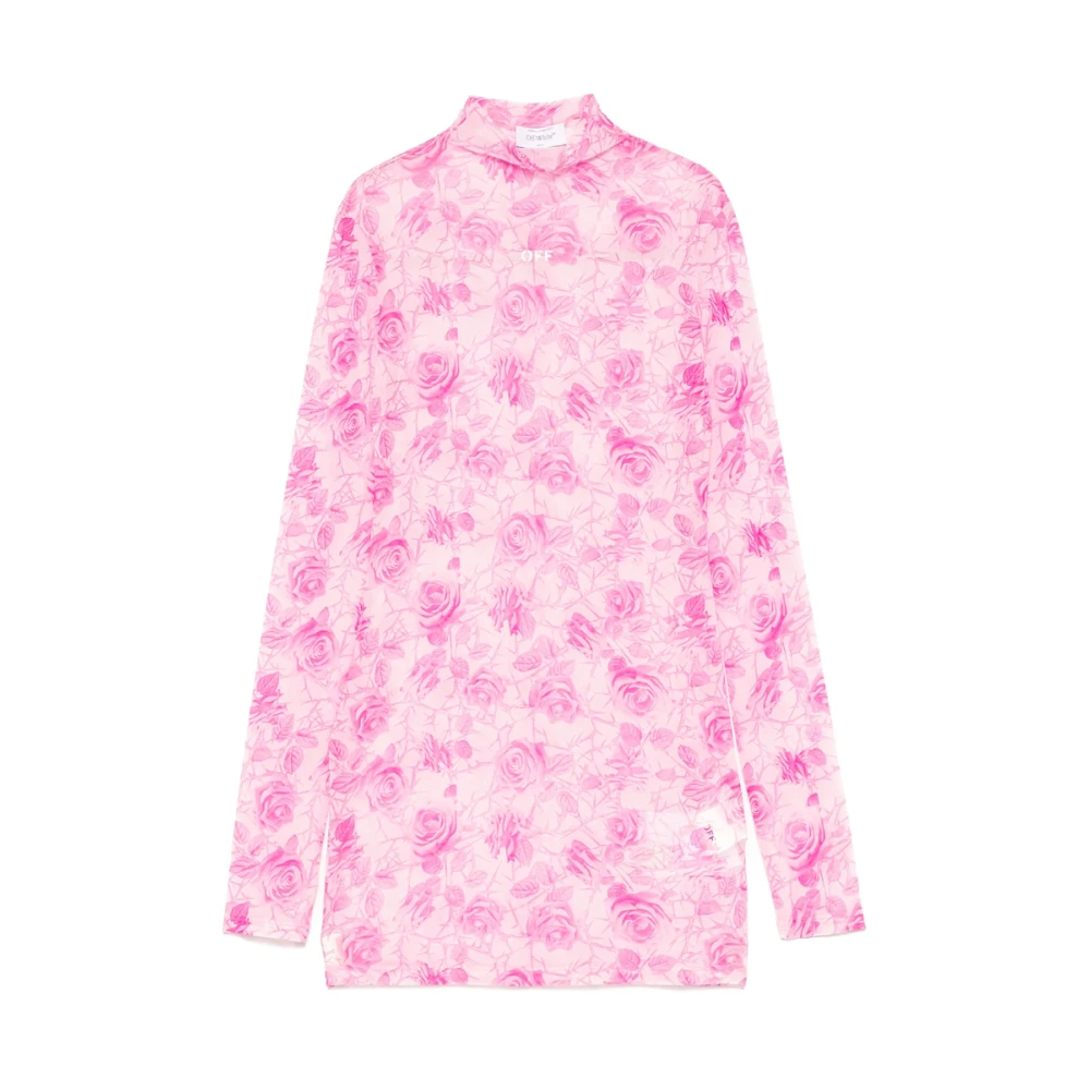 Off White Bloemenprint Mock Neck Jurk Pink Dames