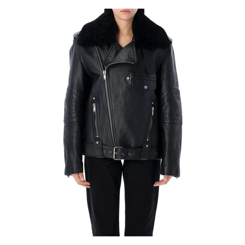 Saint Laurent Zwarte Bikerjas met Shearling Kraag Black Dames