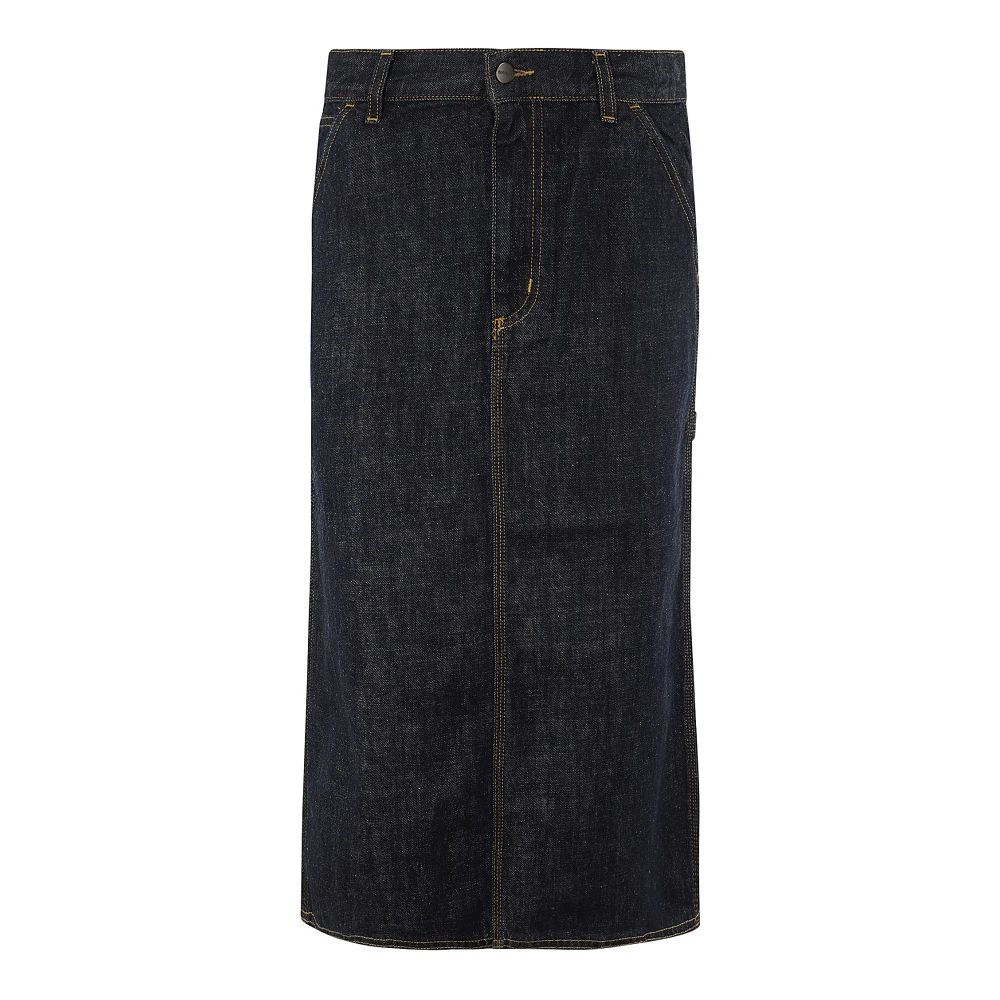 Carhartt Wip Women's Blue Denim Skirts, L, Denim Midi Skirt With Pockets