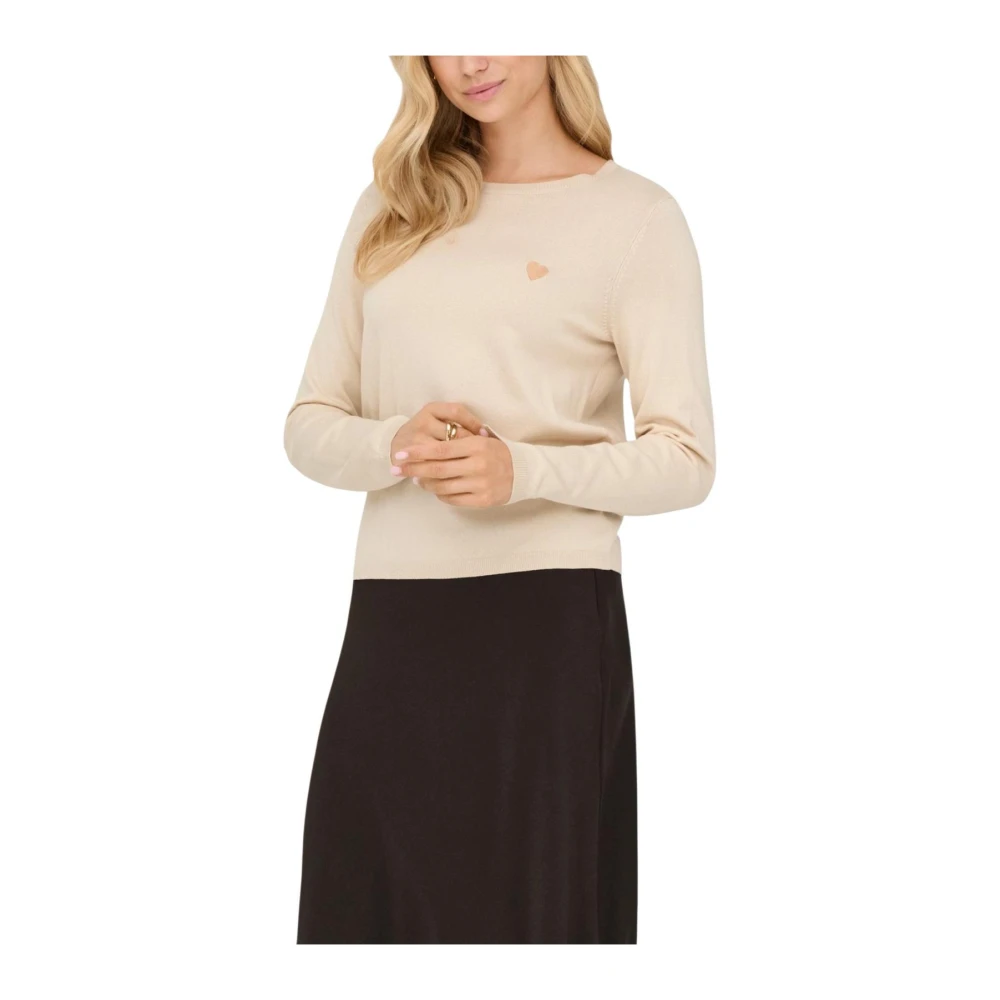 Jacqueline De Yong Women's Beige Round-Neck Knitwear, L, Round Neck Long Sleeve Knitwear