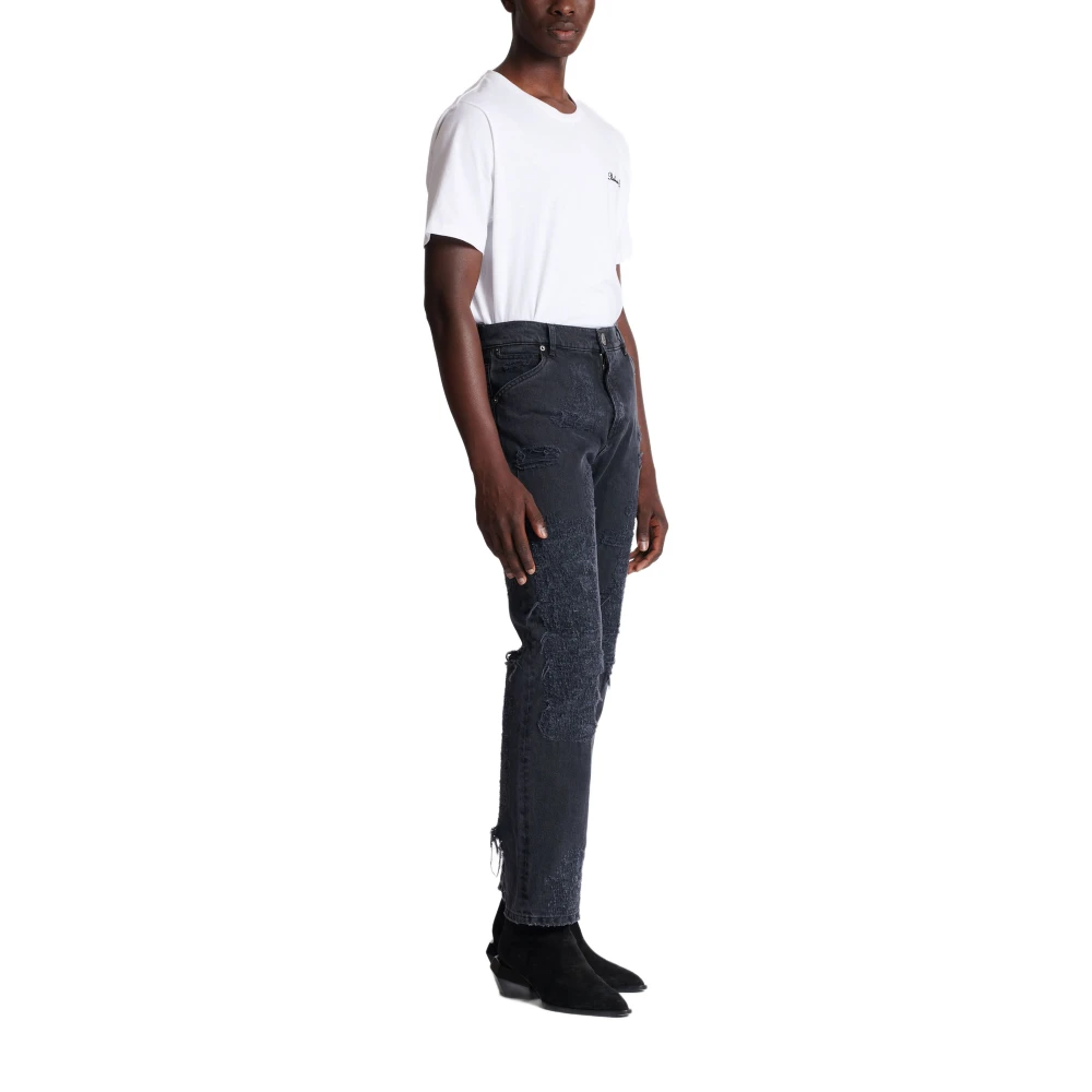 Balmain Straight Distressed Repaired Jeans Black Heren