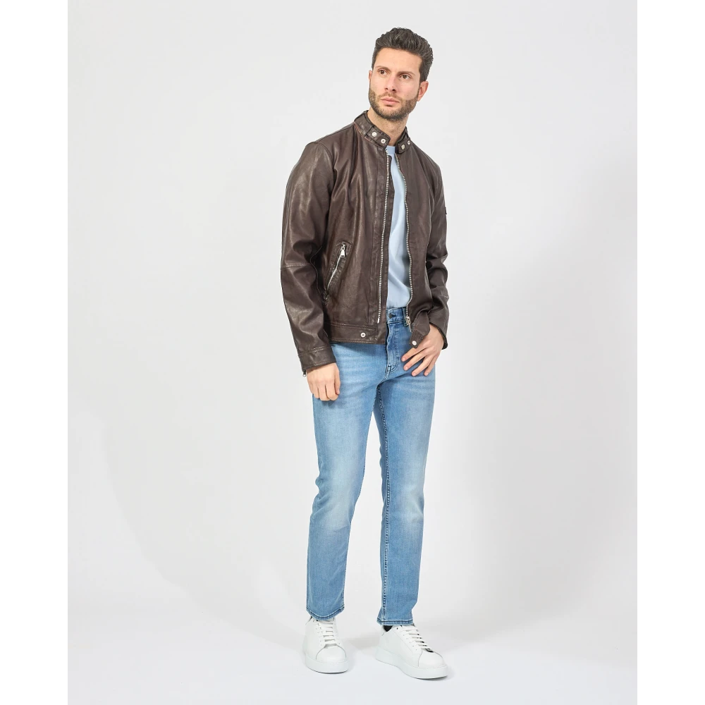YES ZEE Bruine Leren Jas Fullzip Knopen Zakken Brown Heren