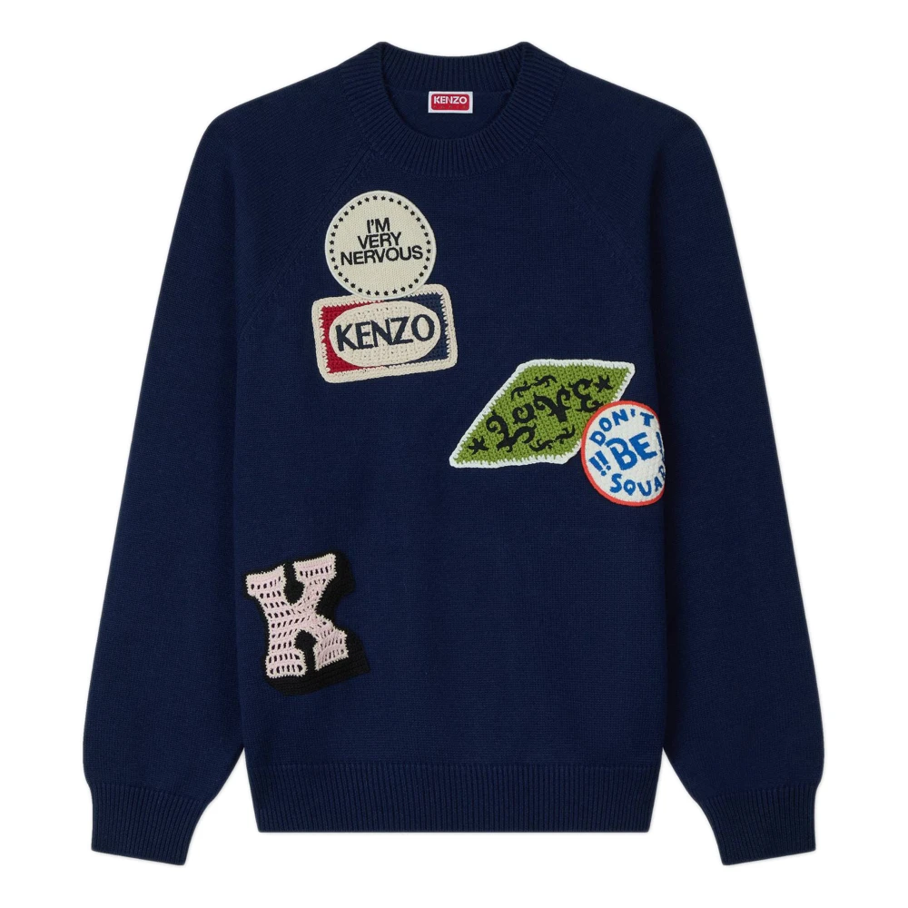 Kenzo Men's Blue Round-Neck Knitwear, S, Badges Embroidered Jumper