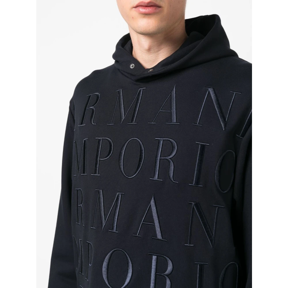 Emporio Armani Blauwe Logo-Geborduurde Katoenen Hoodie Blue Heren
