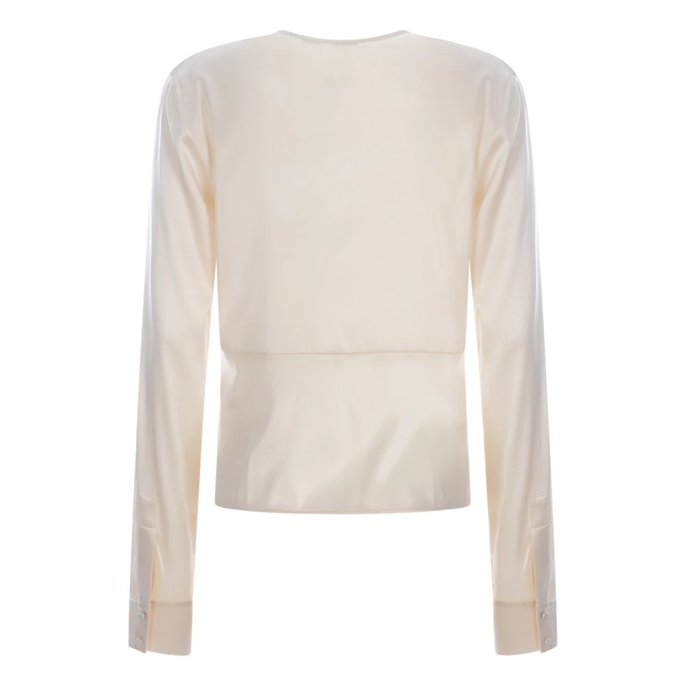 pinko Zachte Satijnen Zijden Shirt met V-Hals en Torchon Detail Beige Dames