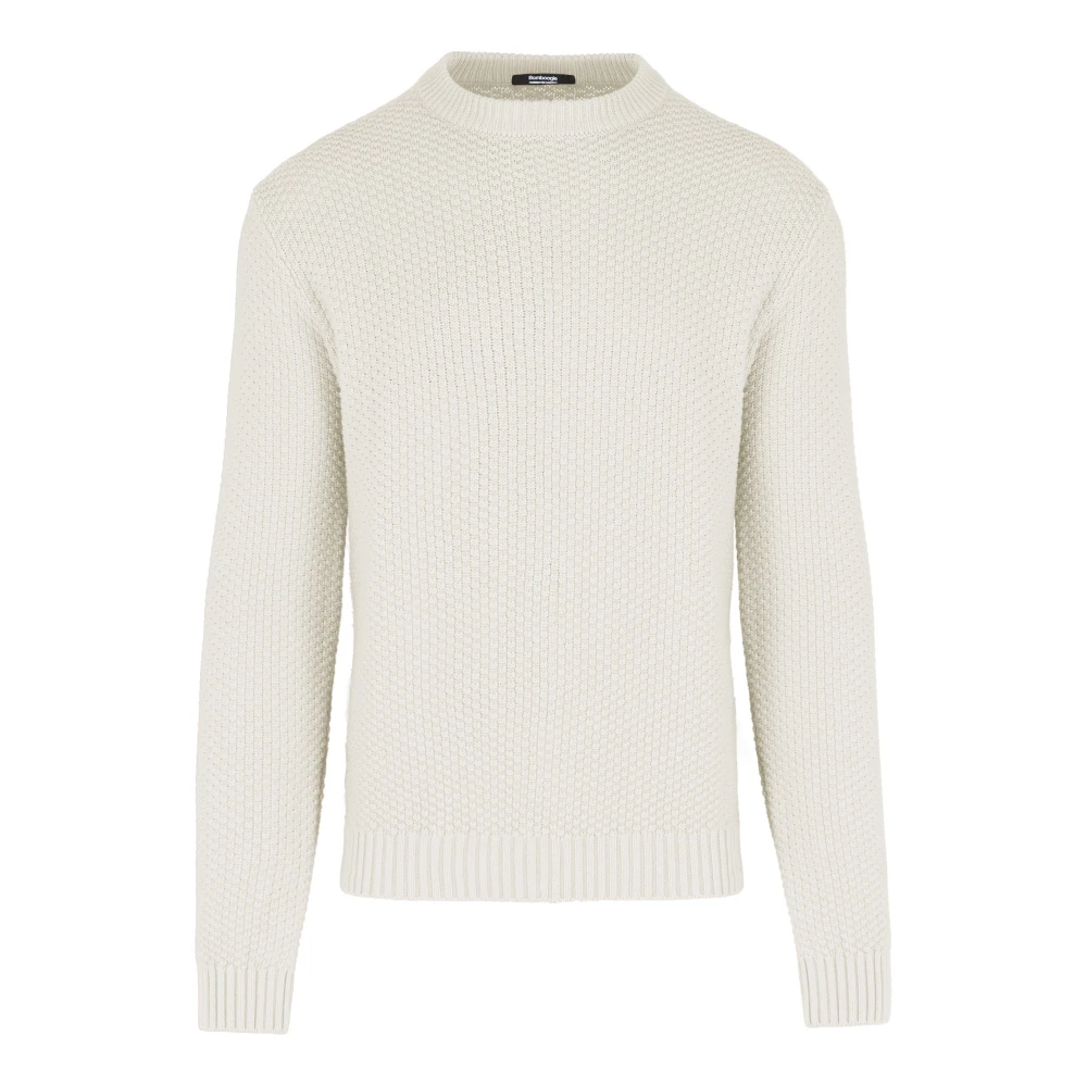 Bomboogie Men's White Crew Neck Jumper In Cotton Blend Basket Stitch - Round-Neck Knitwear - M - Knitwear