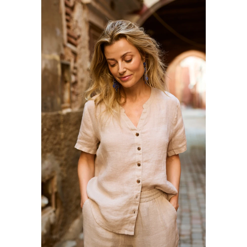 Cream Zand Linnen Shirt met V-Hals Beige Dames