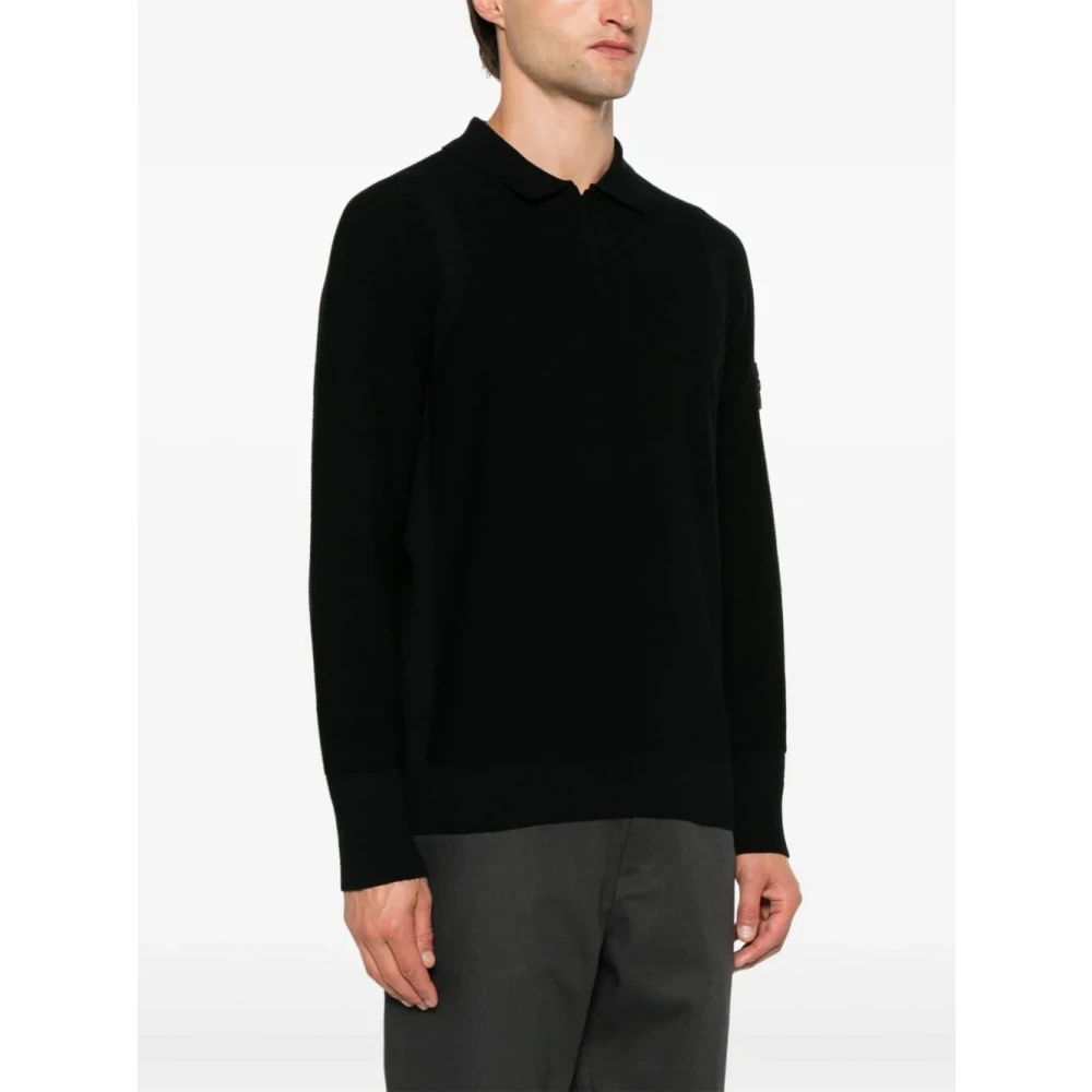 Stone Island Zwarte Wol Polo Rits Trui Black Heren