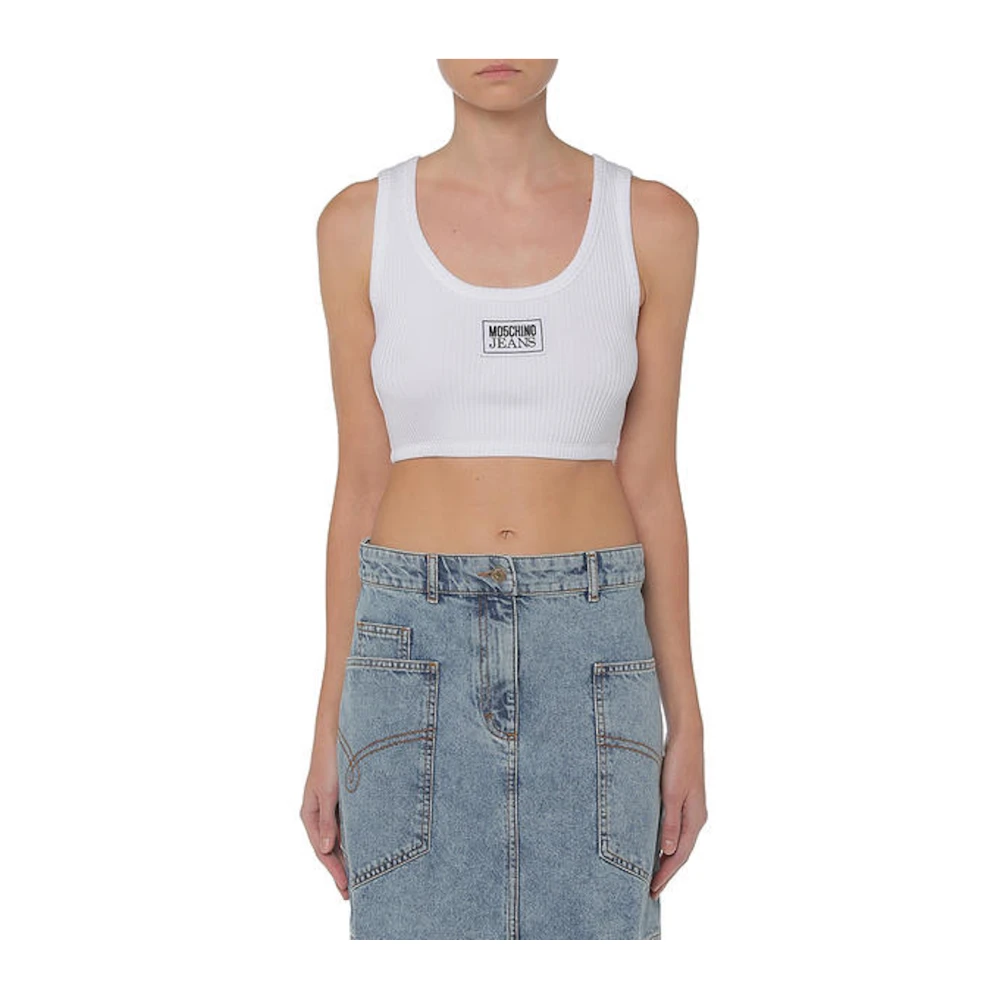 Moschino Geribbelde Crop Top met Logo Patch White Dames