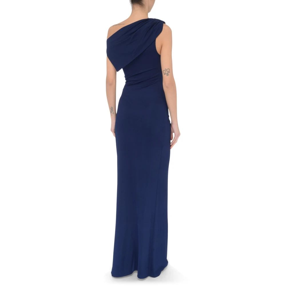 Elisabetta Franchi Blauwe Jersey Avondjurk met Asymmetrische Halslijn en Zijsplit Blue Dames