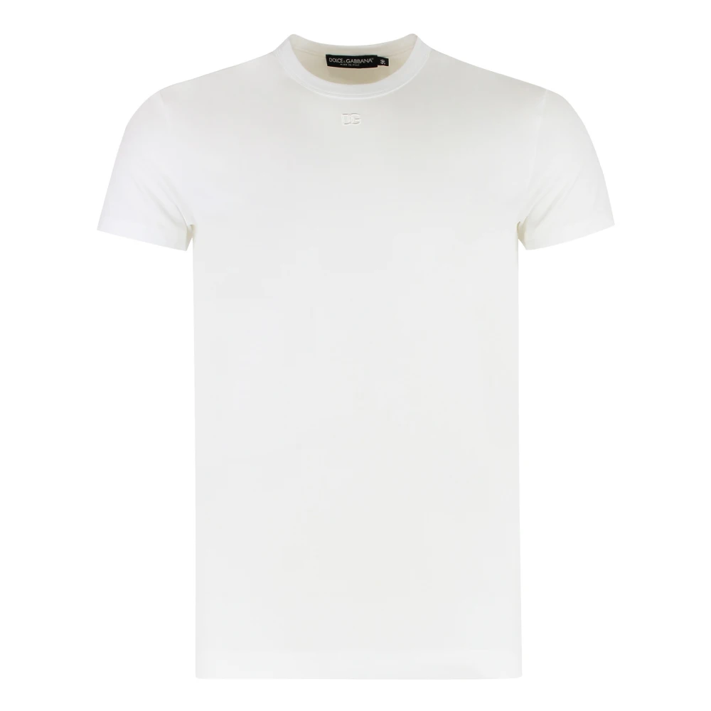 Dolce & Gabbana Men's White T-Shirts, 2XL, Embroidered Logo Cotton Crew-Neck T-Shirt
