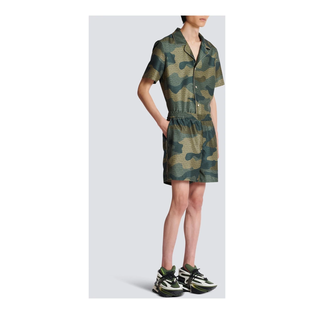 Balmain Camouflage monogrammed Shantung shorts Green Heren