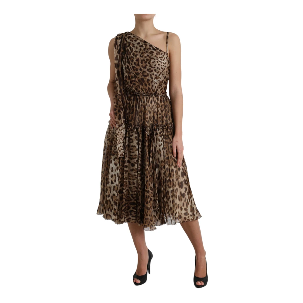 Dolce & Gabbana Luipaard One-Shoulder Midi Jurk Brown Dames