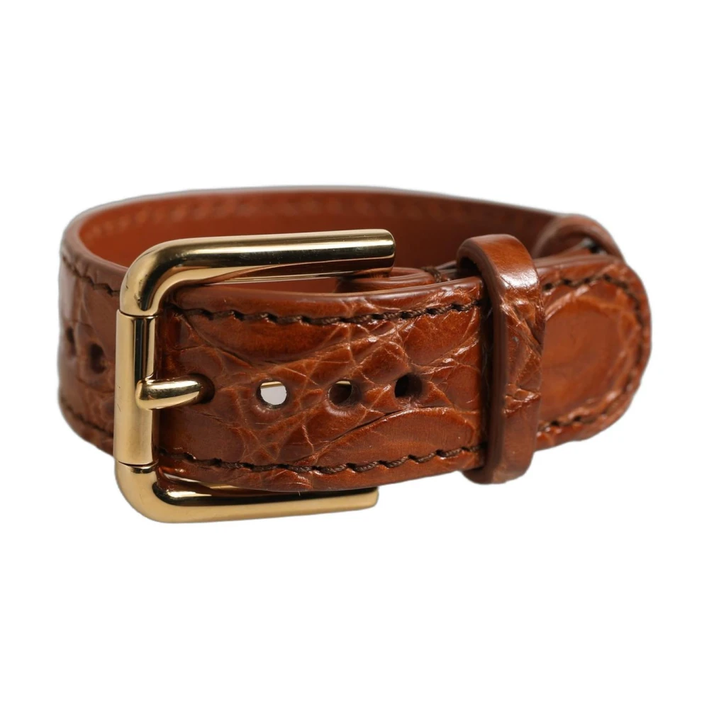 Dolce & Gabbana Brown Textured Leather Gold Buckle Belt Strap Bracelet - Image 3