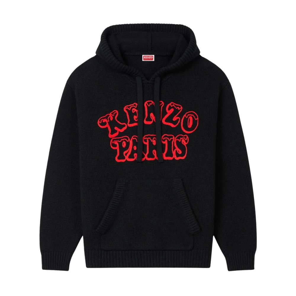 Kenzo Unisex Black Hoodies, S, Hoodie With Red Logo Print
