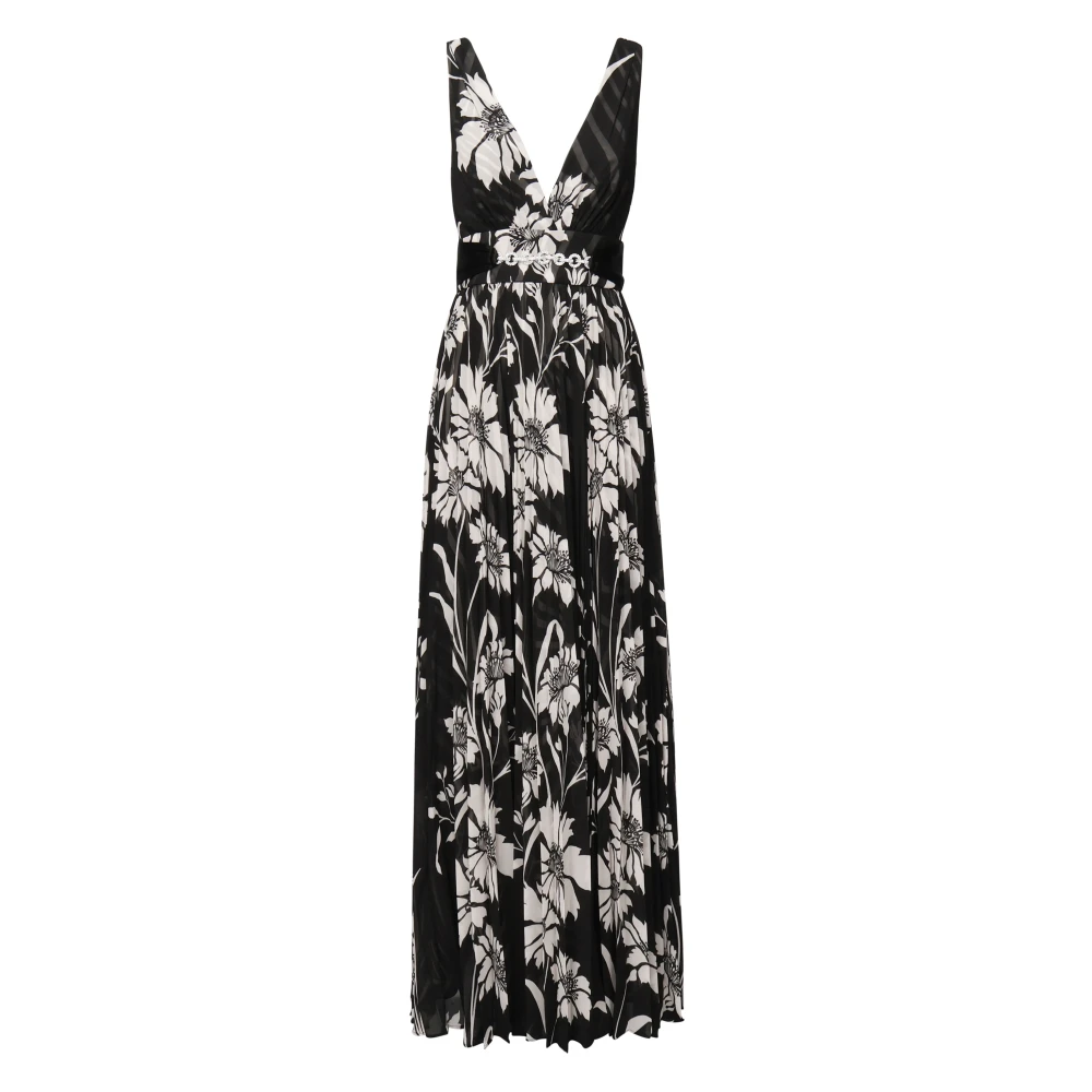 Guess Bloemen V-hals Lange Zwarte Witte Jurk Multicolor Dames