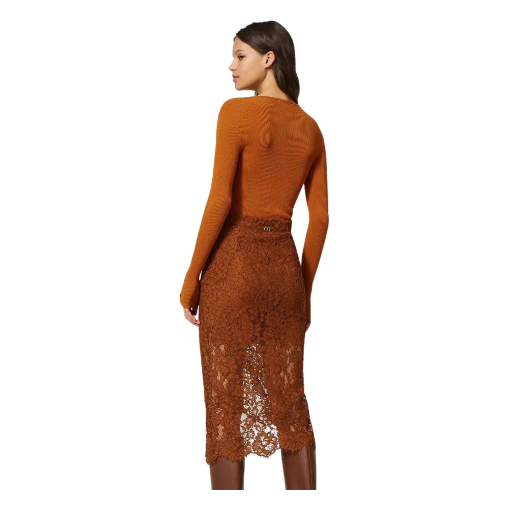 Twinset Bruine Kanten Midi Rok Brown Dames