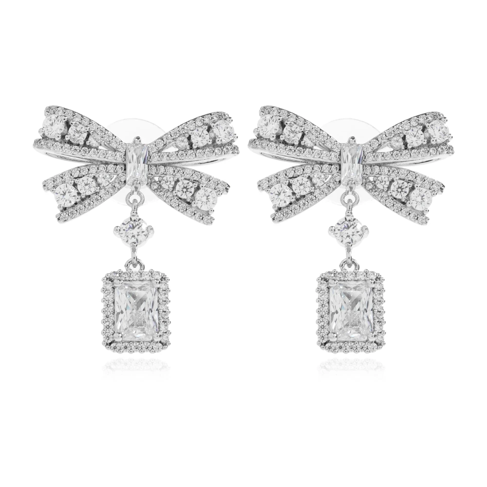 Self Portrait Gray Earrings, Female, One Size, Crystal Droplet Bow Earrings