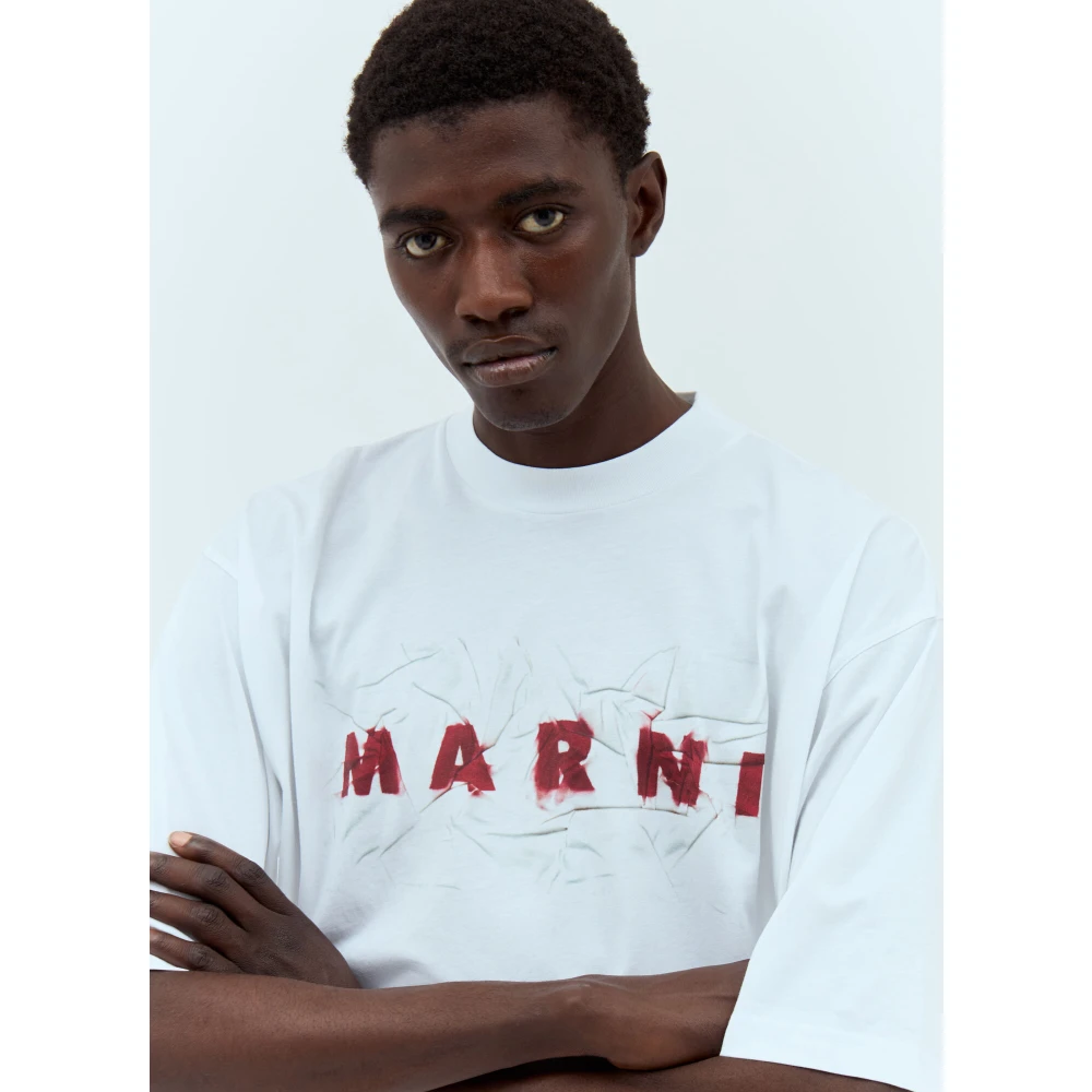 Marni Logo Print T-Shirt van katoenen jersey White Heren