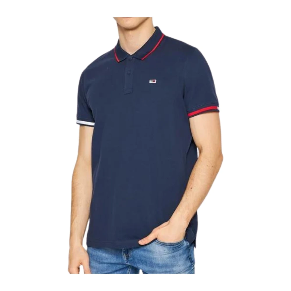 Tommy Jeans Men's Blue Polo Shirts, S, Red Flag Cotton Polo