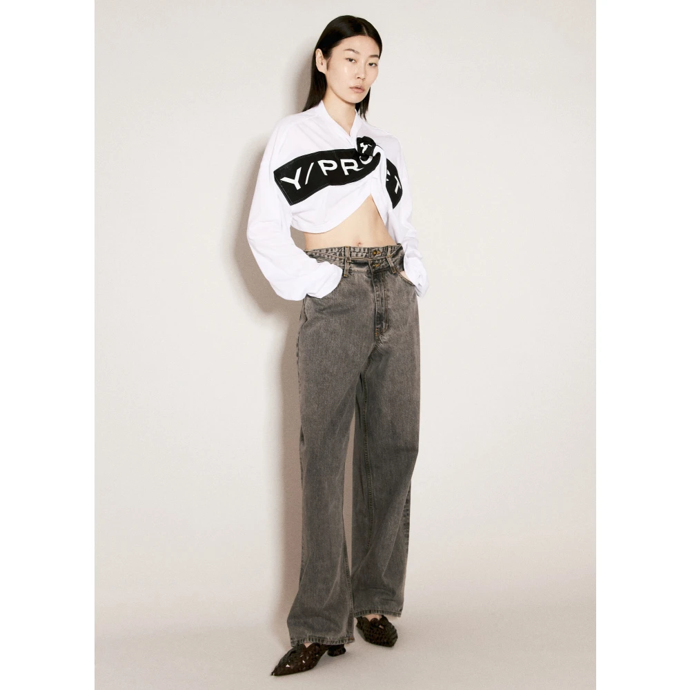 Y Project Twisted Logo Print Crop T-Shirt White Dames