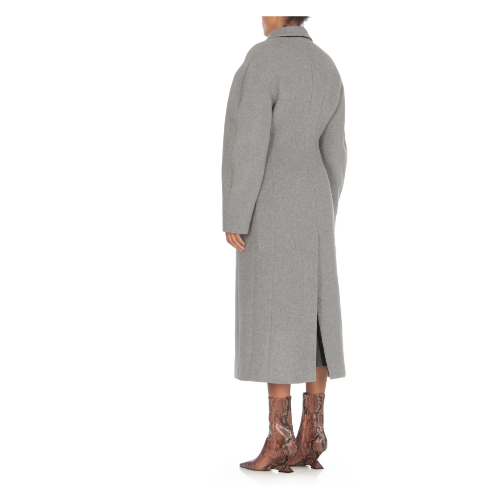 Msgm Grijze Wollen Jas Peak Revers Gray Dames