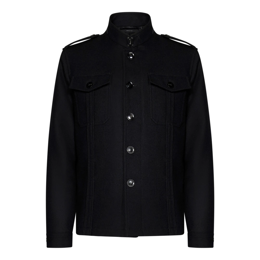 Tom Ford Zwarte wollen jas met leren details Black Heren