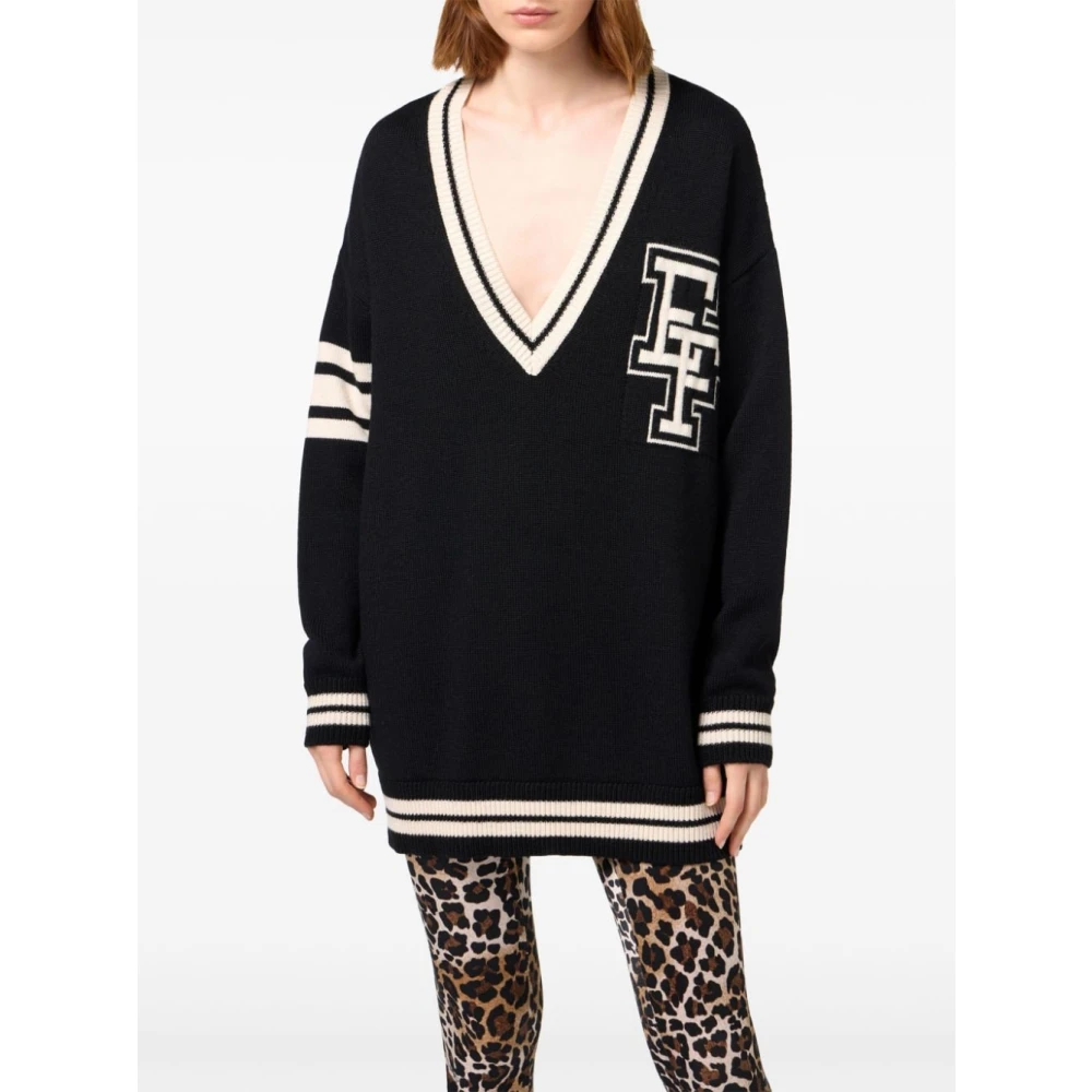 Elisabetta Franchi Jacquard V-Hals Wol Minijurk Black Dames