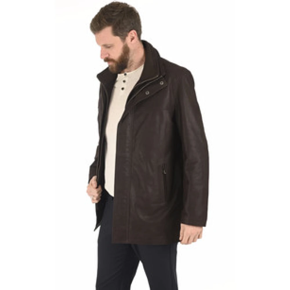 La Canadienne Bruine Nubuck Leren Jas met Afneembare Wollen Rand Brown Heren