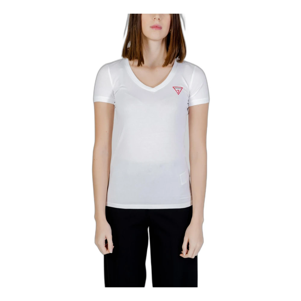 Guess Women's White T-Shirts, M, Printed V-Neck T-Shirt